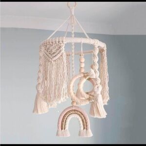 Boho Macrame Baby Mobile + Wooden Holder